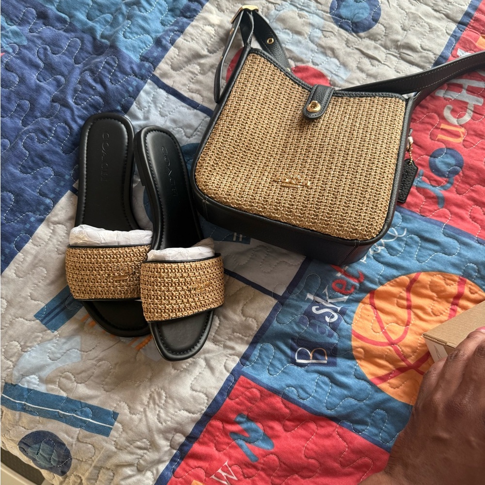 Coach Black and Tan Women's Slide Sandals and matching purse